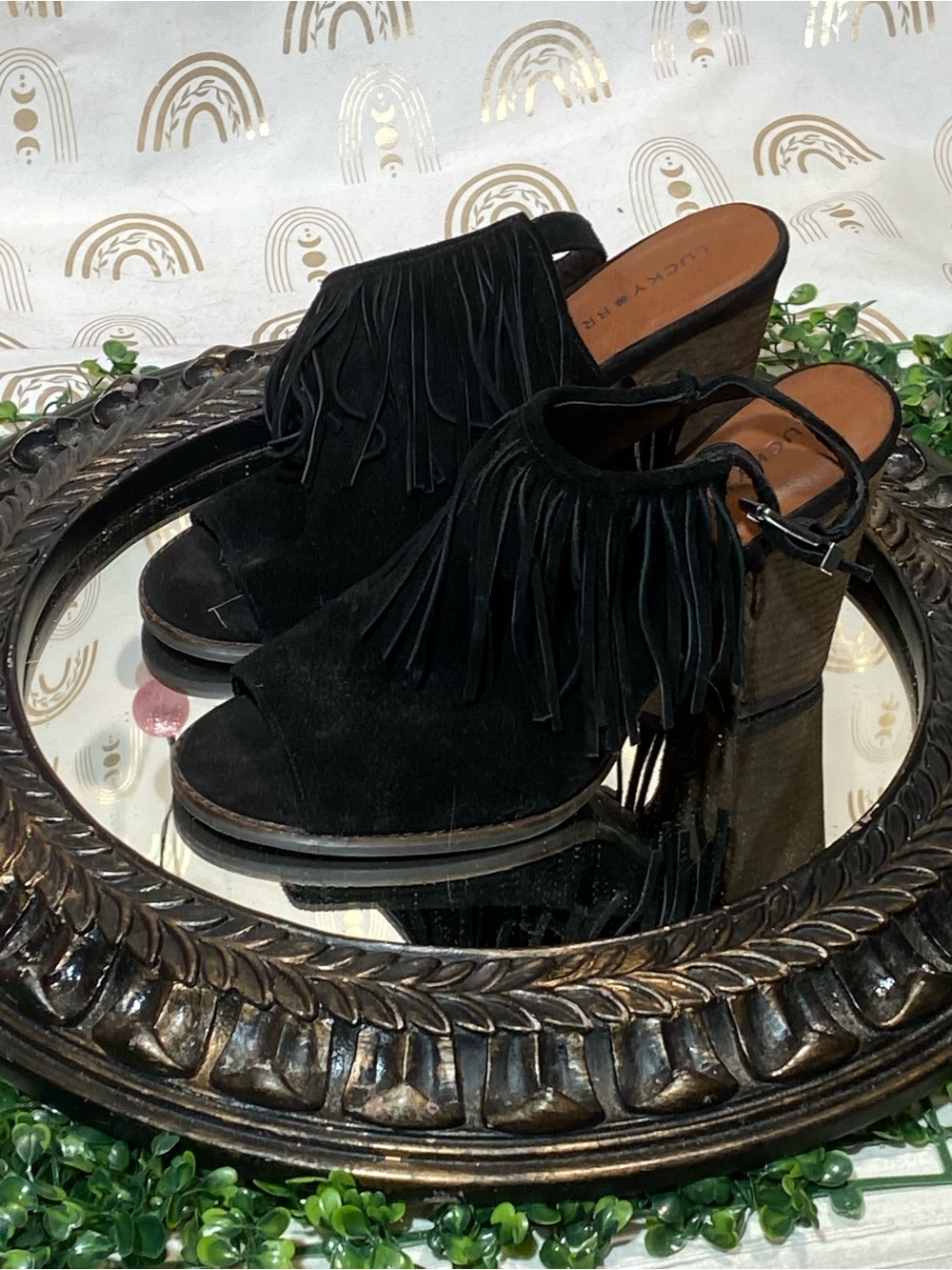 Lucky Brand Black Suede Fringe Peep-Toe Clogs